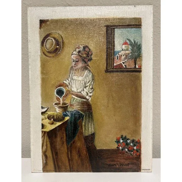 VTG Women Cooking Original Art Painting Oil on Board Artist Signed Max Levine - Picture 3 of 7